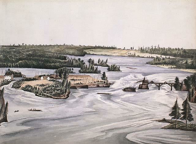 Watercolour of Ottawa River Chaudiere Falls in flood, ca.1820 in flood.