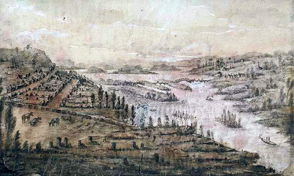 Watercolor view of Bytown in 1832 by John Burrows.