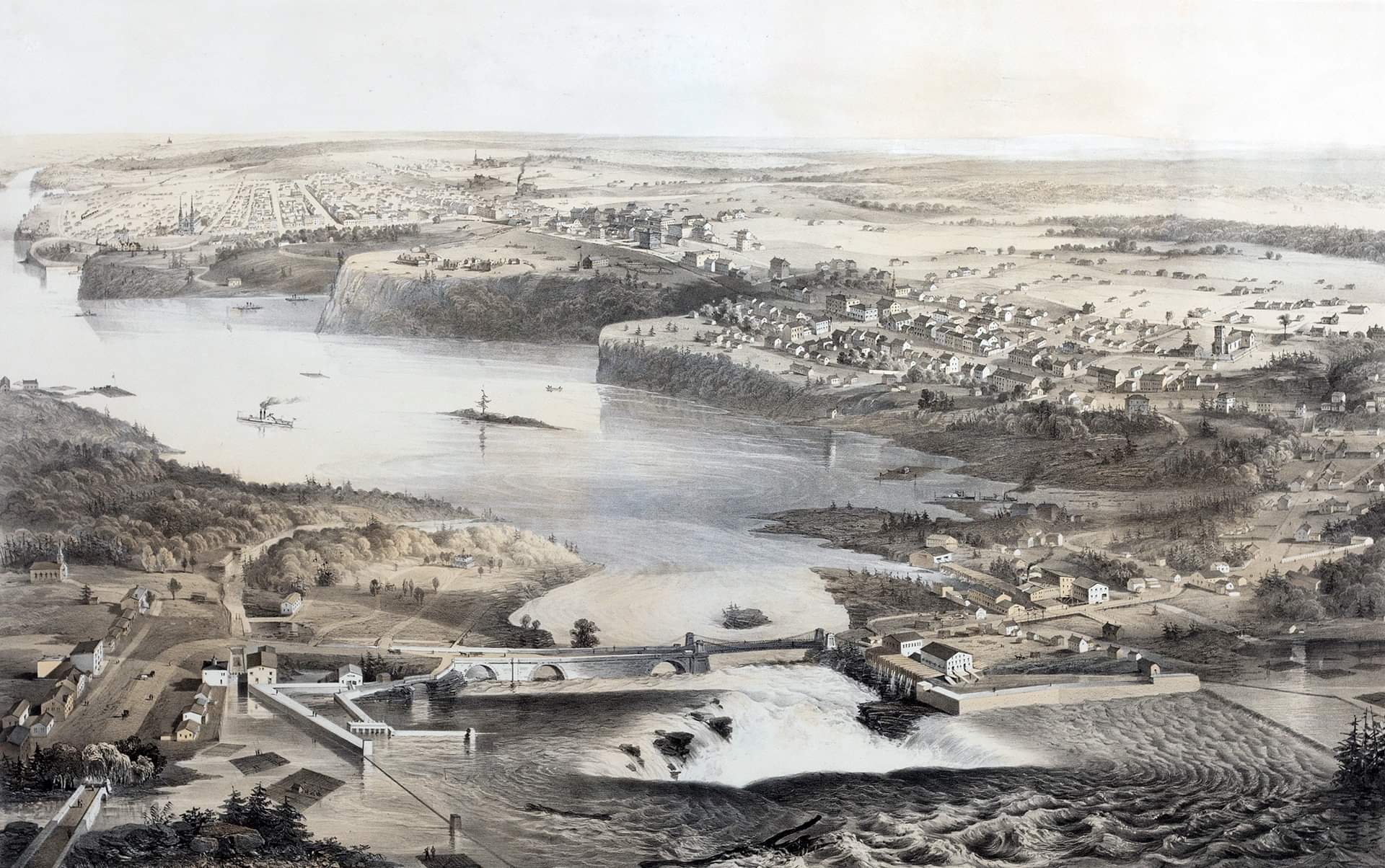 The architectural partnership of Thomas Stent (1822-1912) and Augustus Laver (1834-1898) published this birds' eye view of Ottawa around 1859 to promote both themselves and the city. In 1857, Ottawa had been designated the capital of Canada, and a building boom was anticipated.
