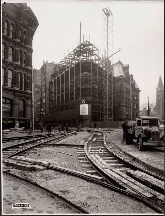 Ottawa Post Office under construction at the corner of Elgin and Sparks Street in November of 1938. The streetcar tracks were re-routed on account of the construction of the War Memorial.