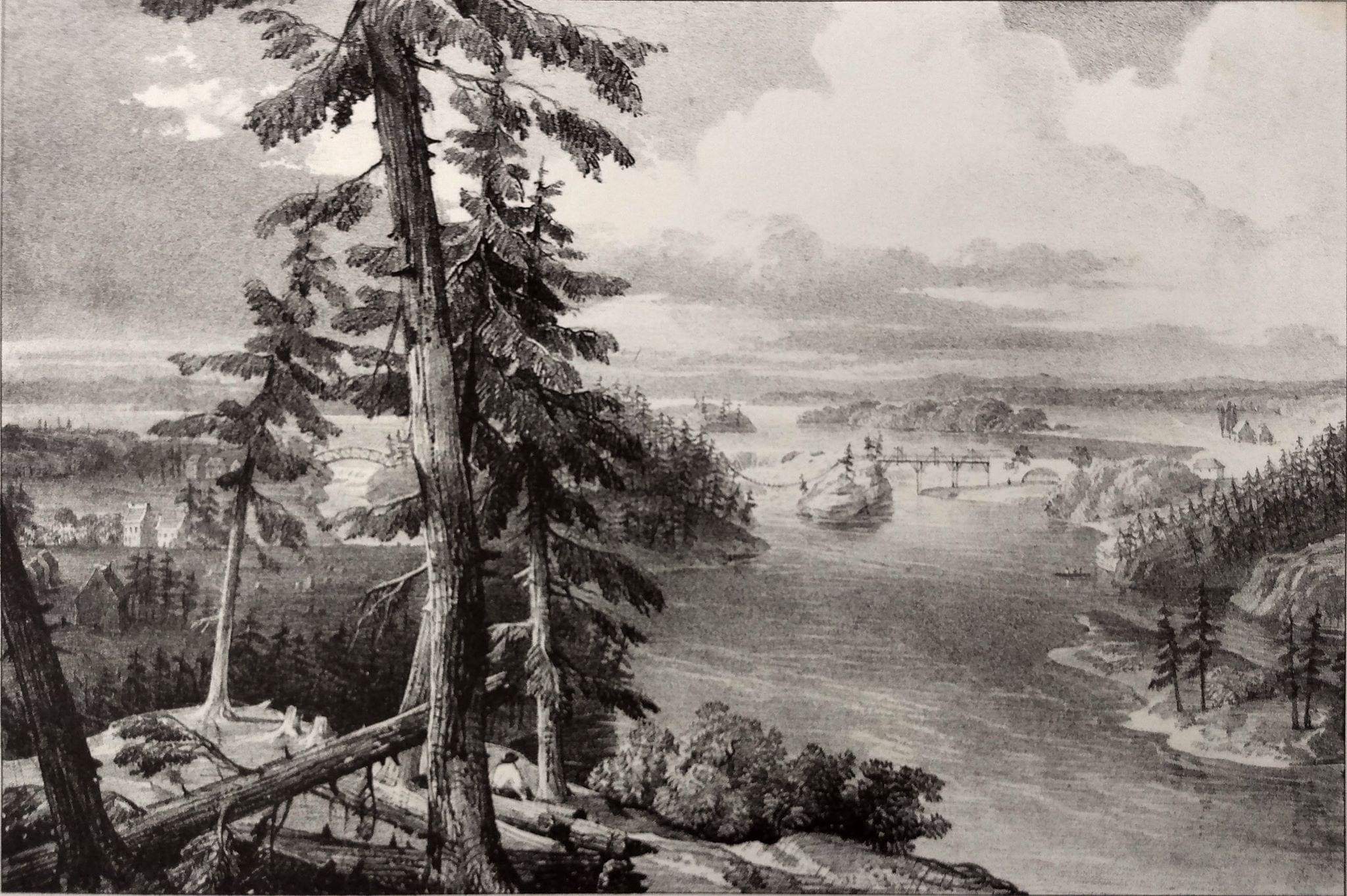 Ottawa River at Chaudiere Falls, ca.1820. The first bridge spanning the main channel of the Ottawa River at Chaudiere Falls, predating the wood truss bridge completed in 1828. Described as