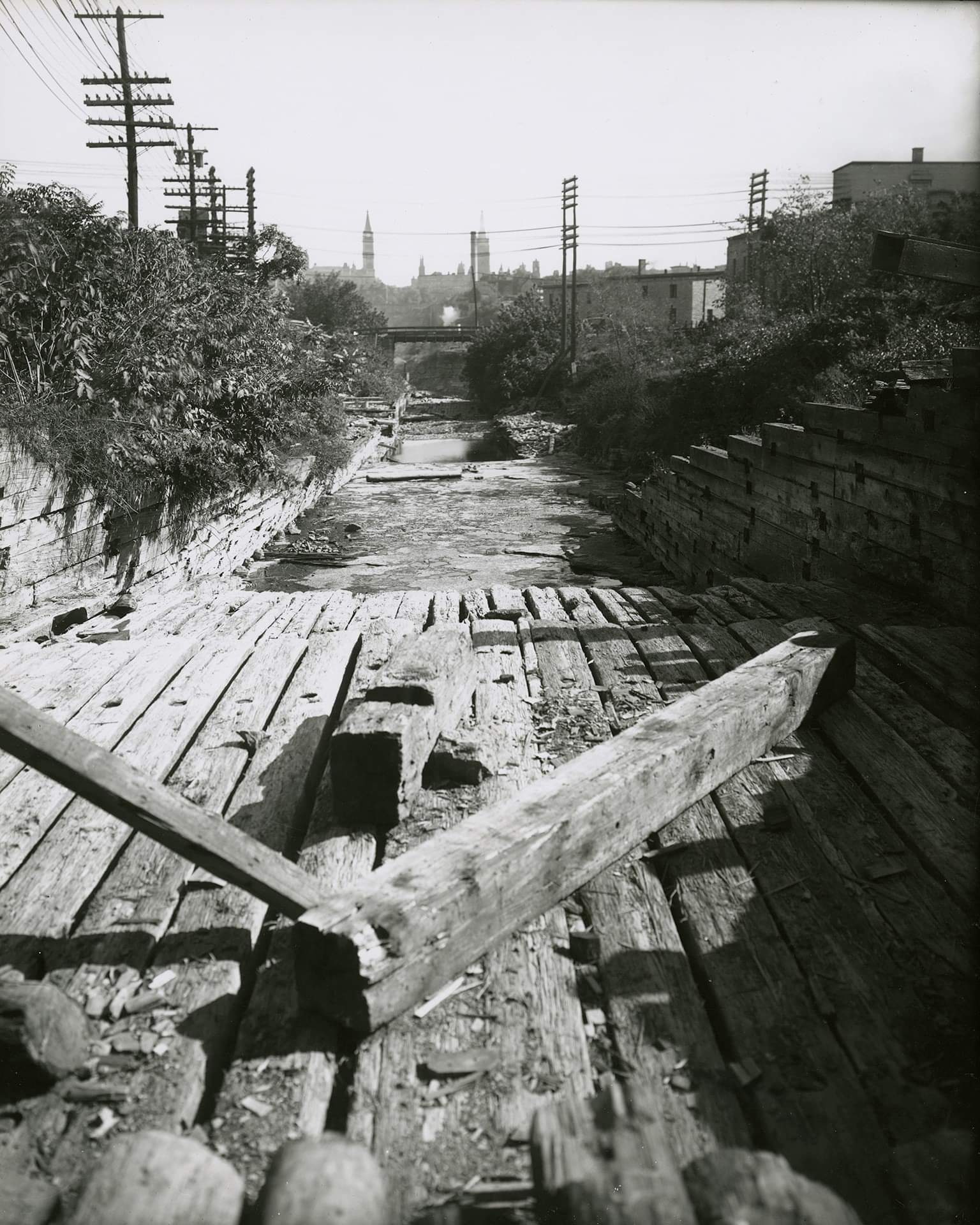 A view from within the timber slide built by Philemon Wright and Sons in 1829 on the Hull side of the Ottawa River to bypass the Chaudière Falls.