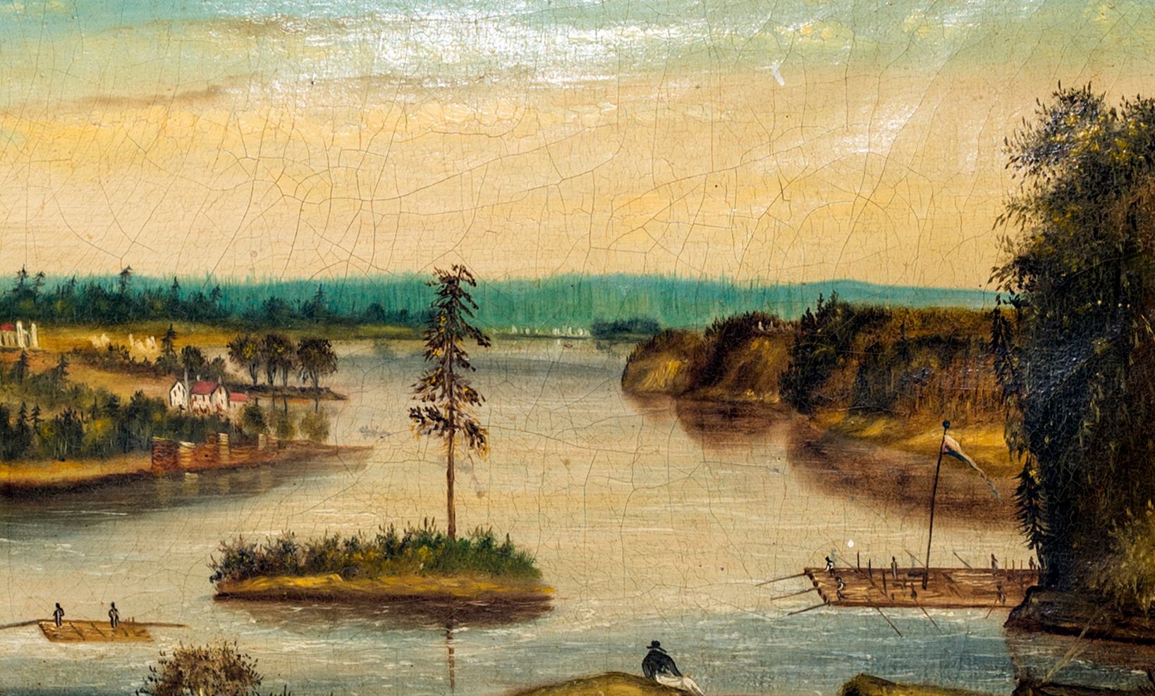 In 1806, Philemon Wright, founder of Wright’s Town (what is today Hull), opened the timber trade in the Ottawa Valley when his first raft “The Colombo” started down the Ottawa River bound for Québec City. The rafts, often consisting of up to 100 individual “cribs” of squared pine bound for Britain, would become synonymous with the Ottawa River until the early 20th century. This painting depicts a typical scene on the Ottawa near Bytown in the 1850s.
