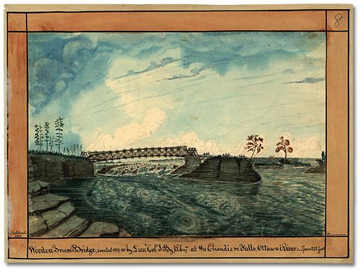 Watercolour of 212 feet Wooden Truss Bridge, erected 1829-39 by Lieut. Col. J. By at the Chaudiere Falls, Ottawa River, 1831
